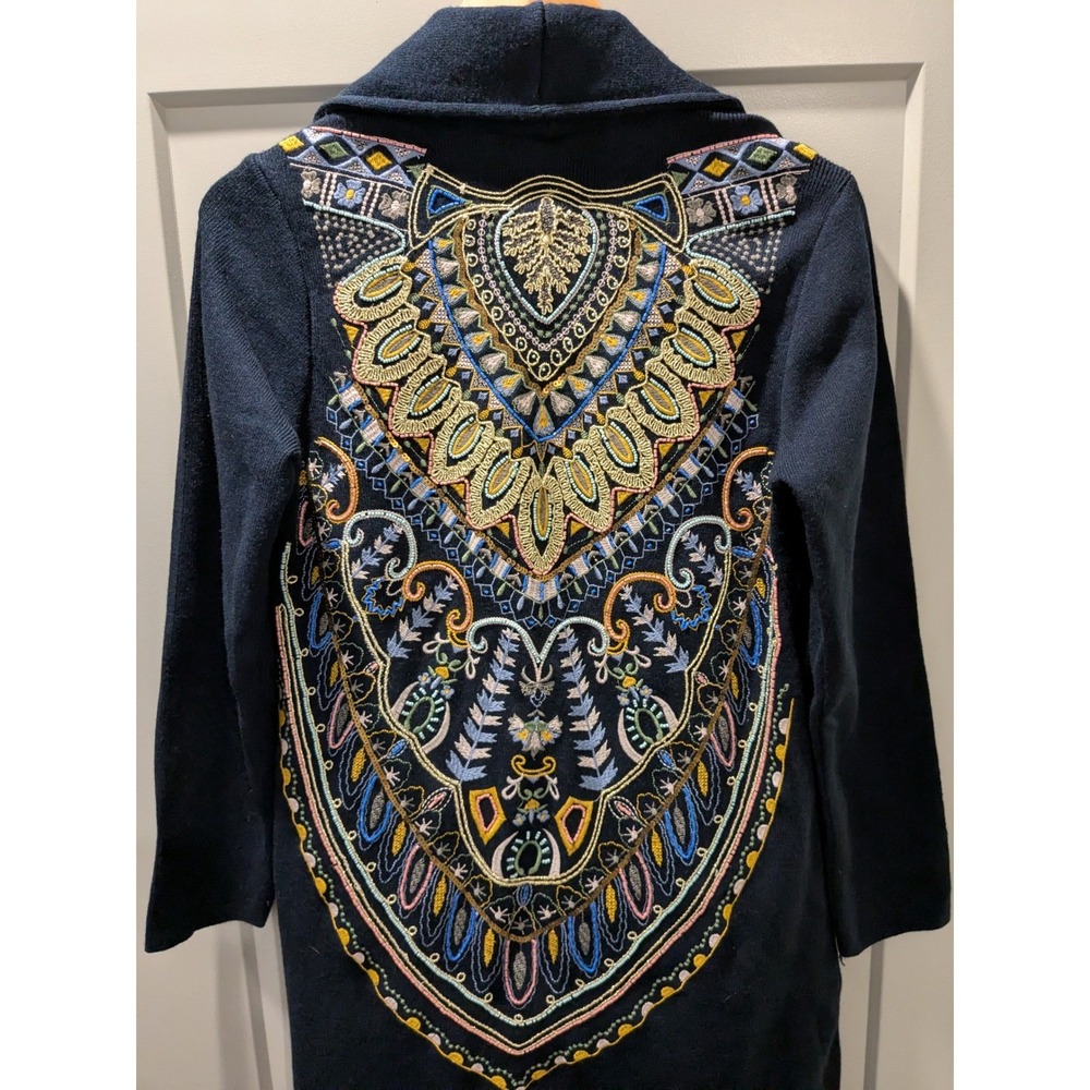 Soft Surroundings Embroidered Open Front Cardigan Sweater‎ Jacket, Small, Navy